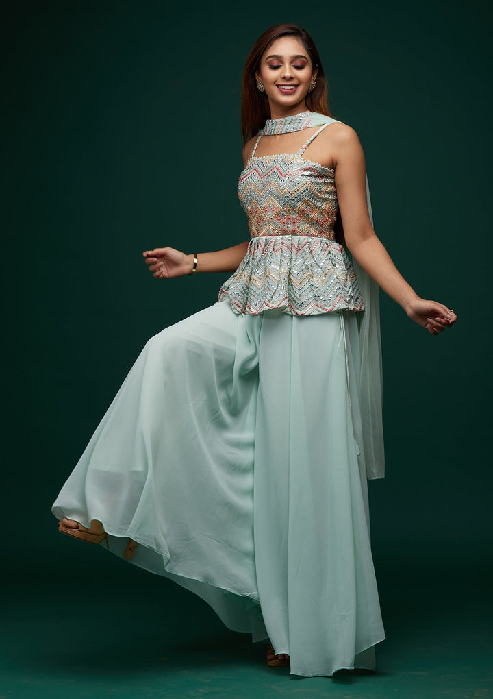 Sea Green Threadwork Georgette Designer Salwar Suit - Koskii