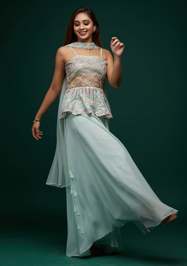Sea Green Threadwork Georgette Designer Salwar Suit - Koskii