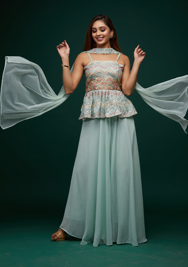 Sea Green Threadwork Georgette Designer Salwar Suit - Koskii