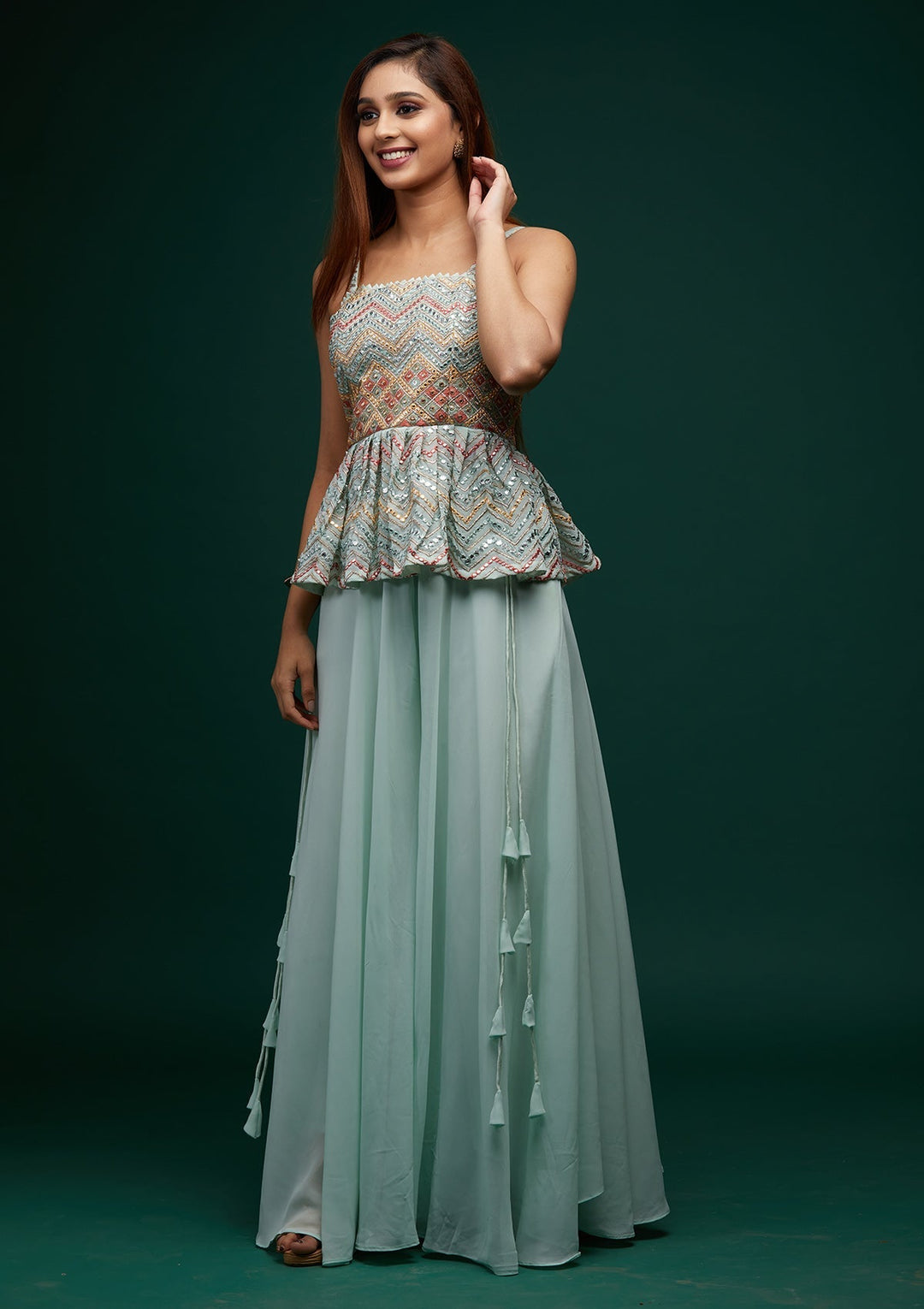Sea Green Threadwork Georgette Designer Salwar Suit - Koskii