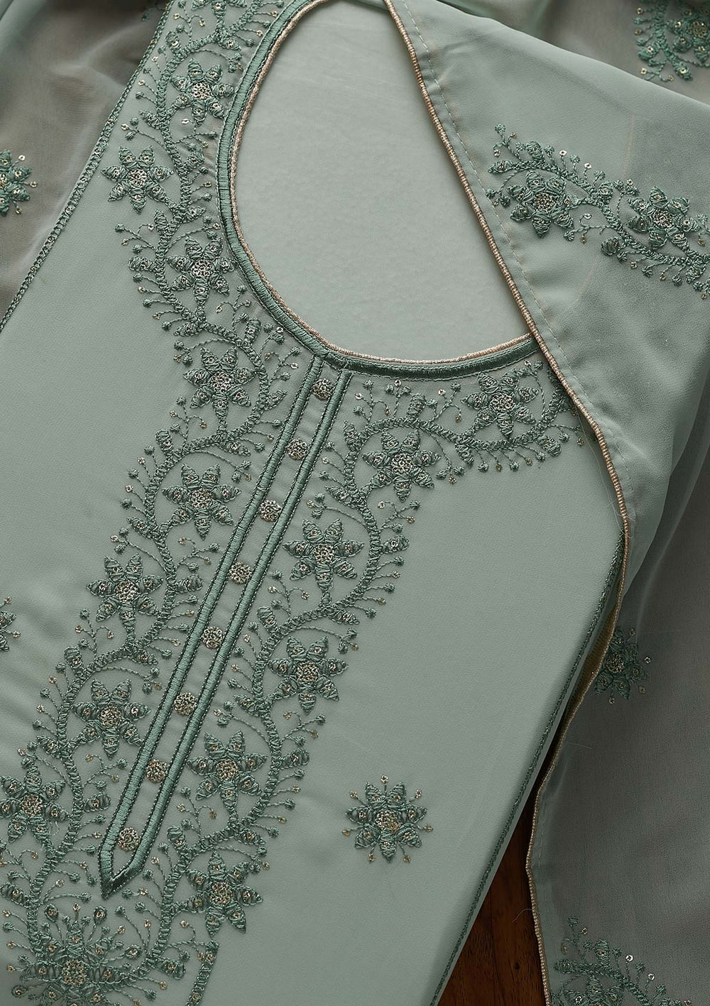 Sea Green Threadwork Georgette Designer Semi-Stitched Salwar Suit - Koskii