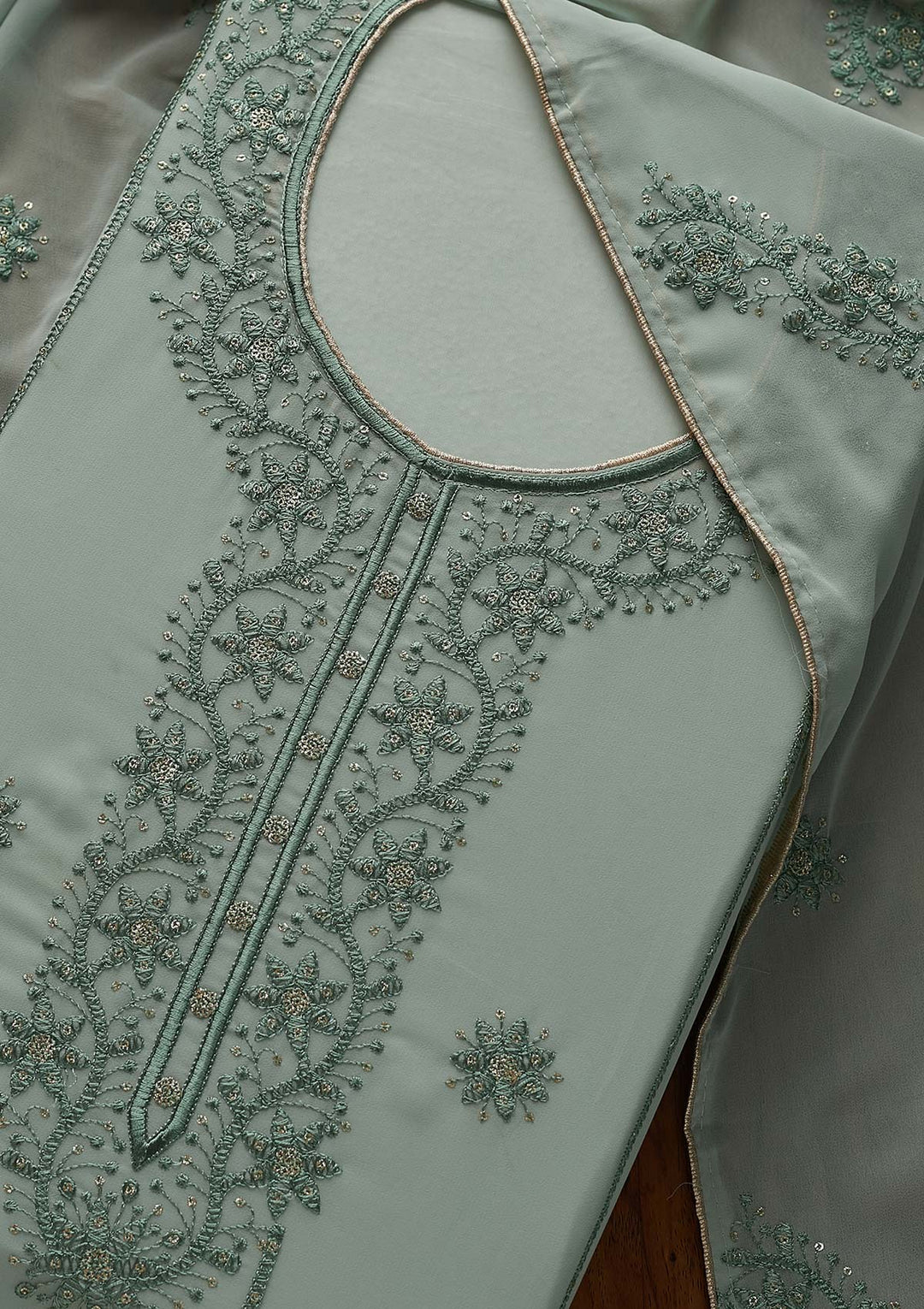 Sea Green Threadwork Georgette Designer Semi-Stitched Salwar Suit - Koskii
