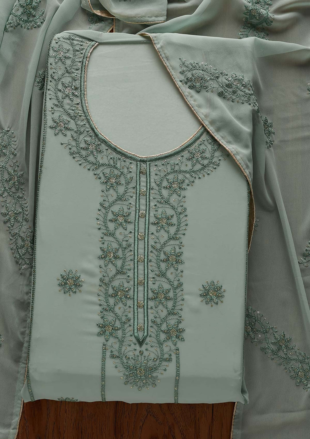 Sea Green Threadwork Georgette Designer Semi-Stitched Salwar Suit - Koskii