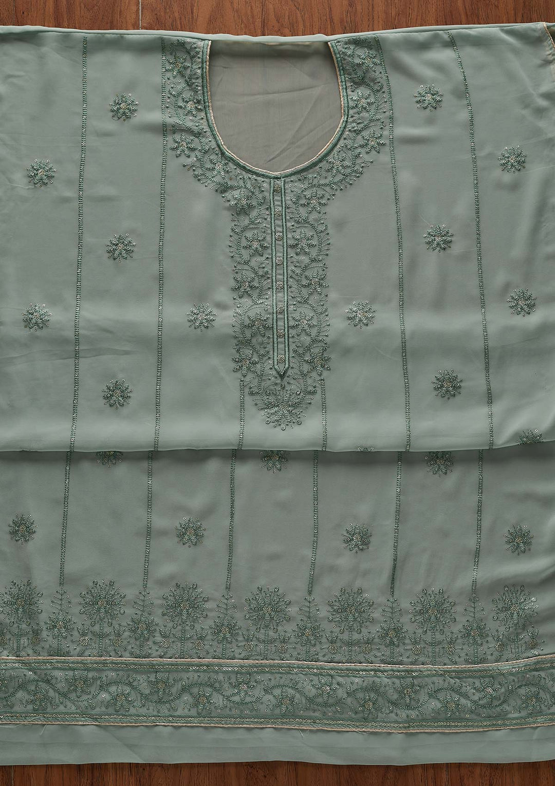Sea Green Threadwork Georgette Designer Semi-Stitched Salwar Suit - Koskii