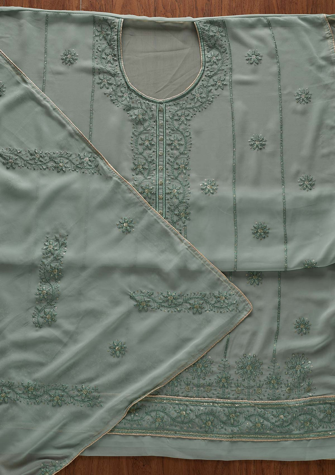 Sea Green Threadwork Georgette Designer Semi-Stitched Salwar Suit - Koskii
