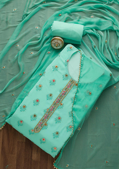 Sea Green Threadwork Georgette Semi-Stitched Salwar Suit-Koskii