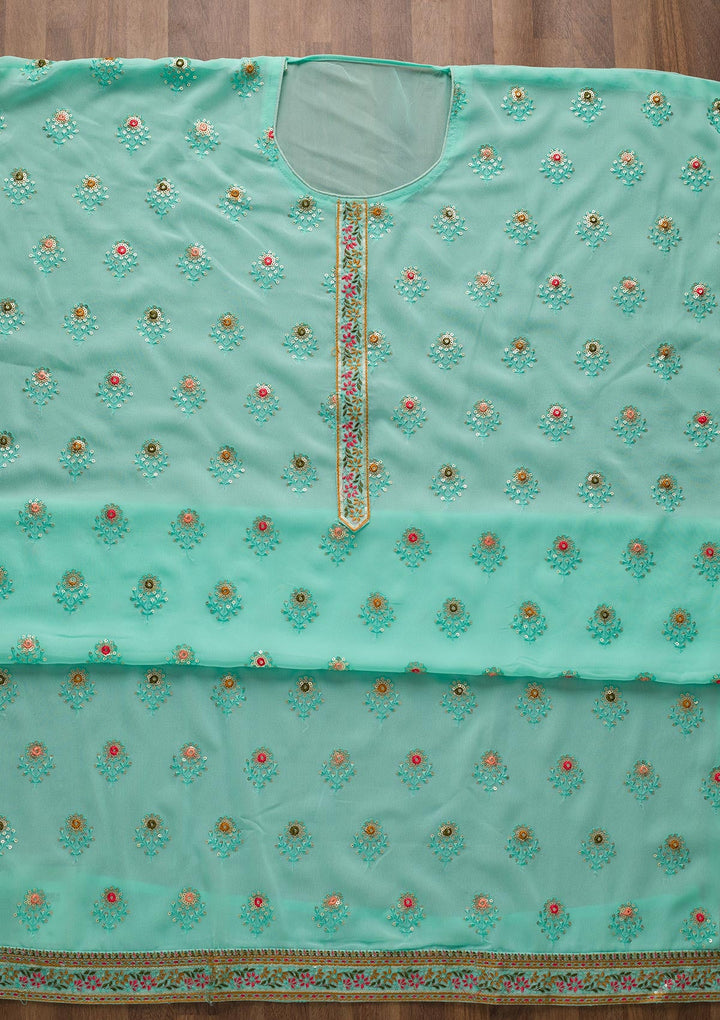 Sea Green Threadwork Georgette Semi-Stitched Salwar Suit-Koskii