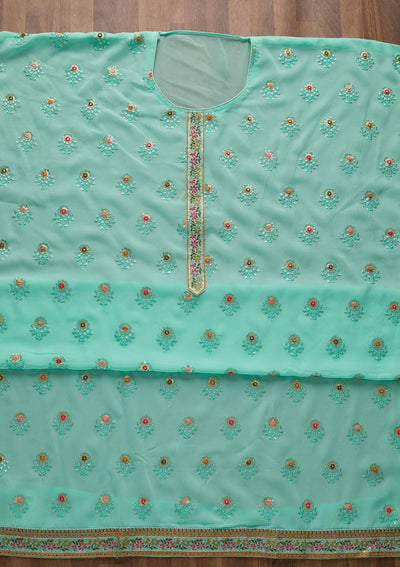 Sea Green Threadwork Georgette Semi-Stitched Salwar Suit-Koskii