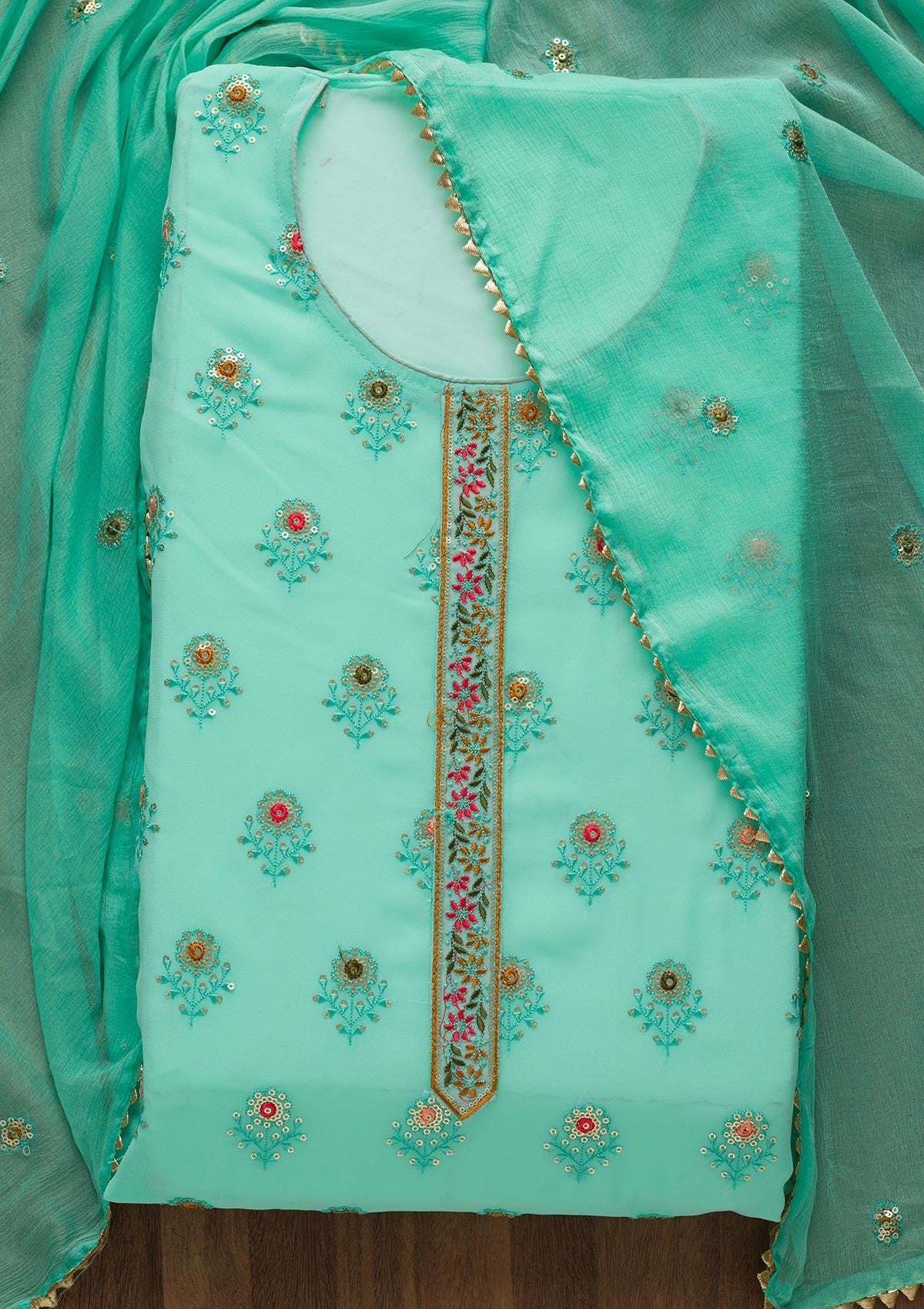 Sea Green Threadwork Georgette Semi-Stitched Salwar Suit-Koskii