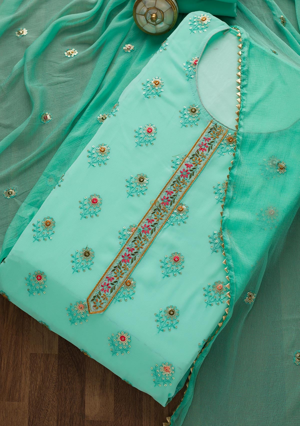 Sea Green Threadwork Georgette Semi-Stitched Salwar Suit-Koskii