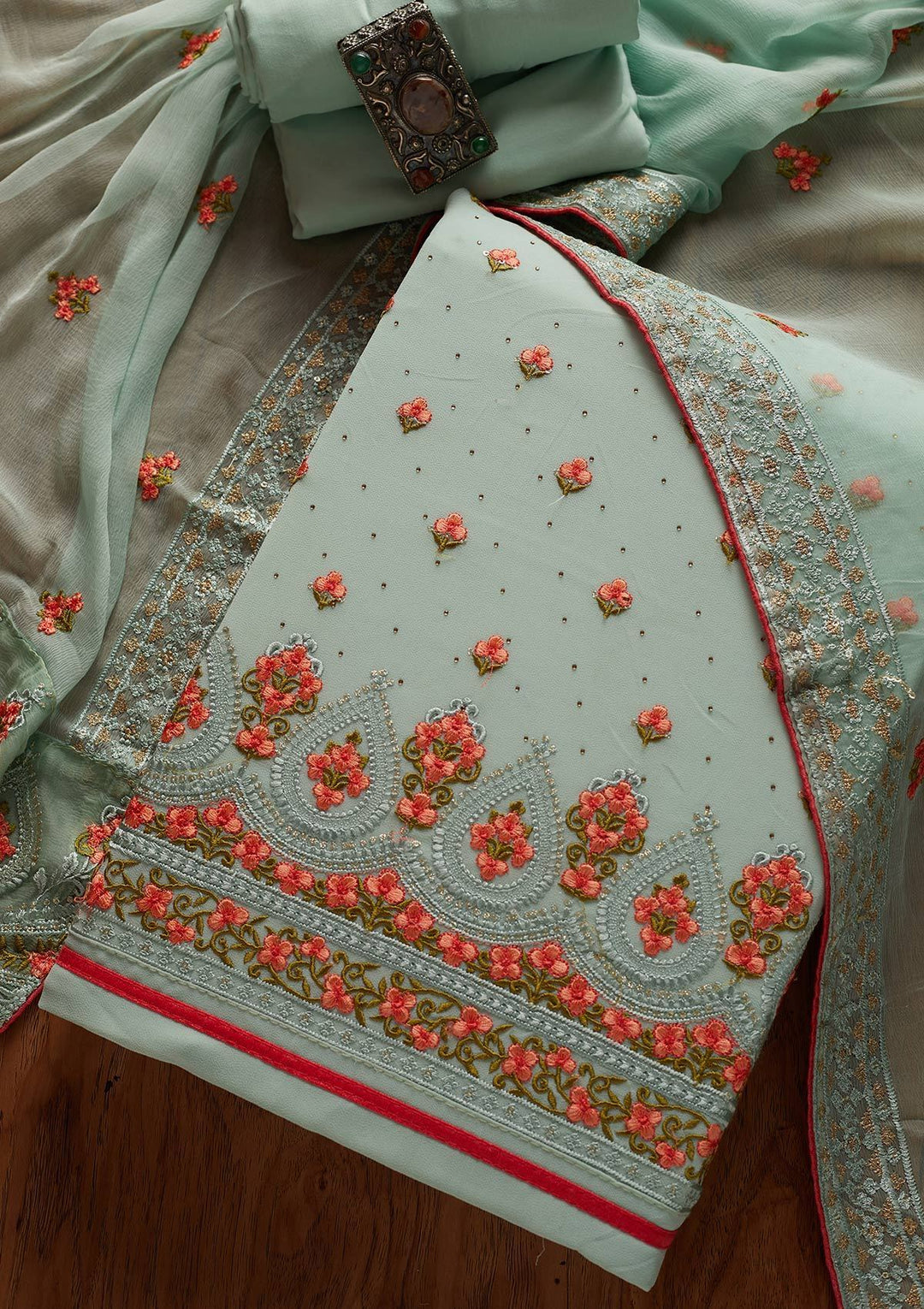 Sea Green Threadwork Georgette Designer Unstitched Salwar Suit - koskii