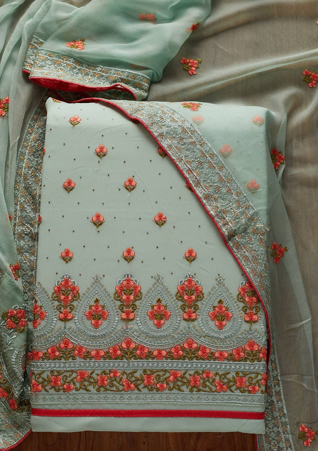 Sea Green Threadwork Georgette Designer Unstitched Salwar Suit - koskii