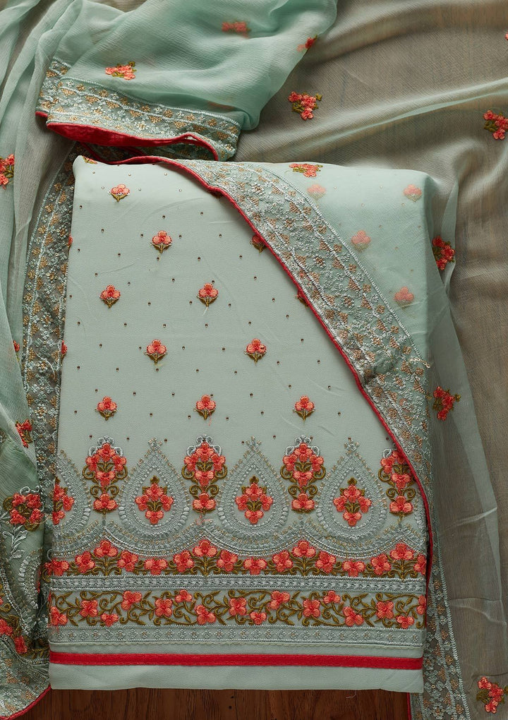 Sea Green Threadwork Georgette Designer Unstitched Salwar Suit - koskii