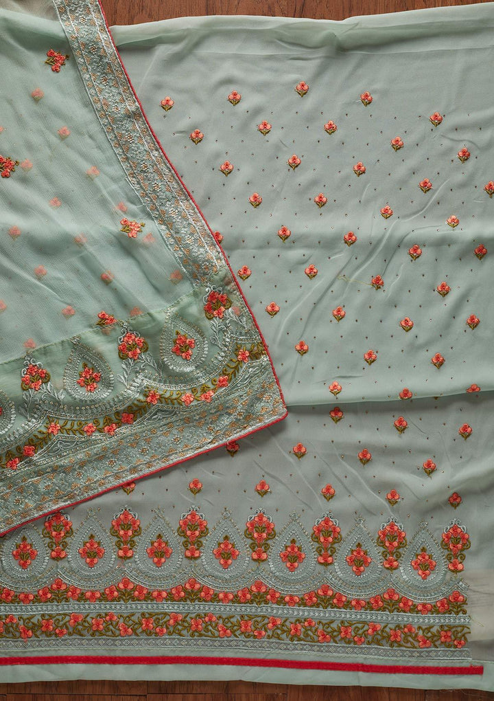 Sea Green Threadwork Georgette Designer Unstitched Salwar Suit - koskii