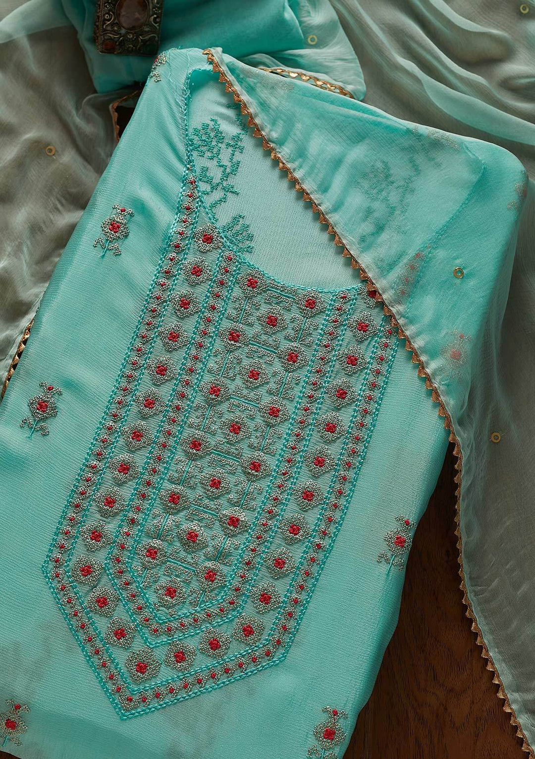 Sea Green Threadwork Georgette Designer Unstitched Salwar Suit - koskii
