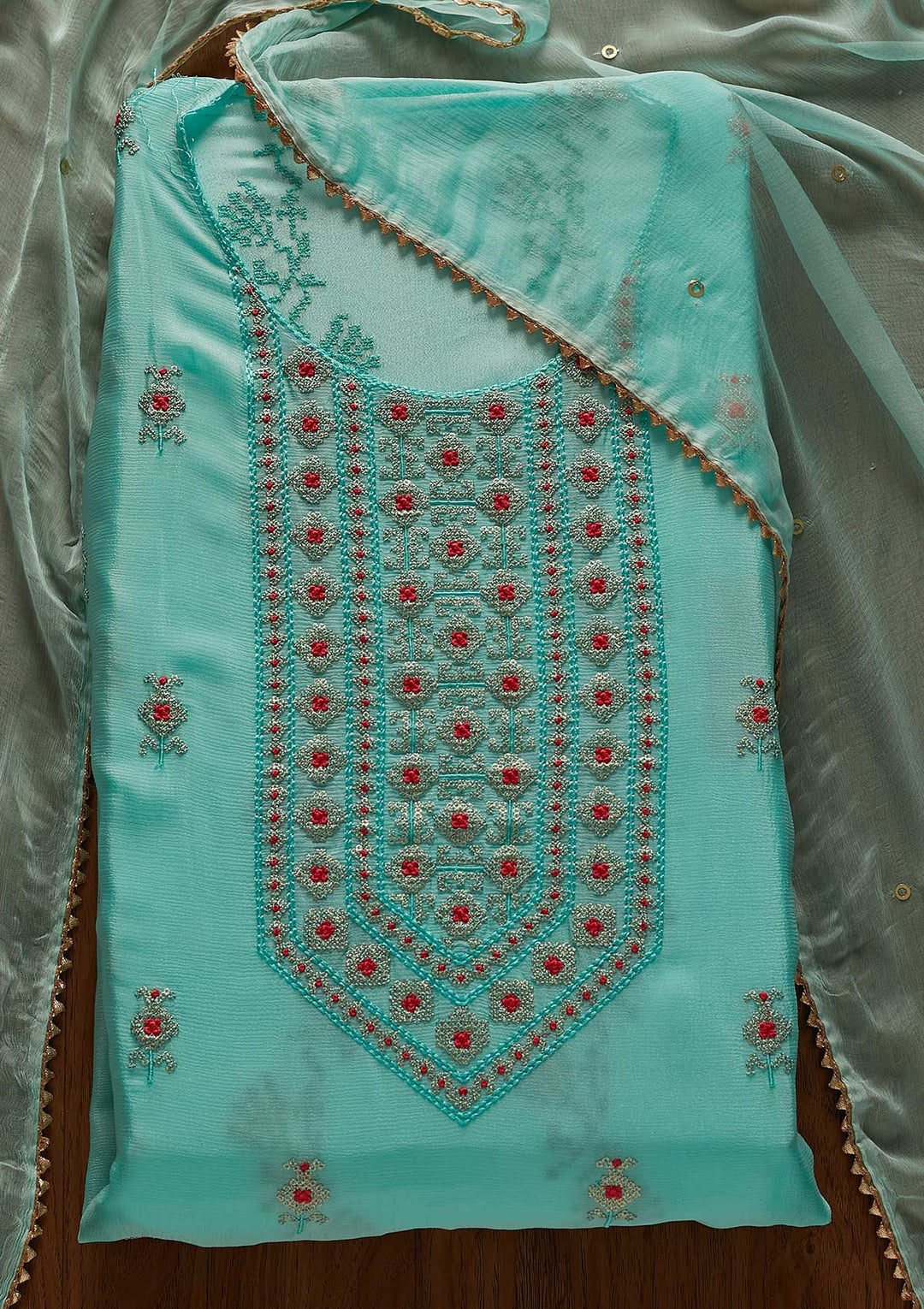 Sea Green Threadwork Georgette Designer Unstitched Salwar Suit - koskii