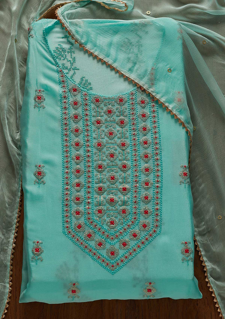 Sea Green Threadwork Georgette Designer Unstitched Salwar Suit - koskii