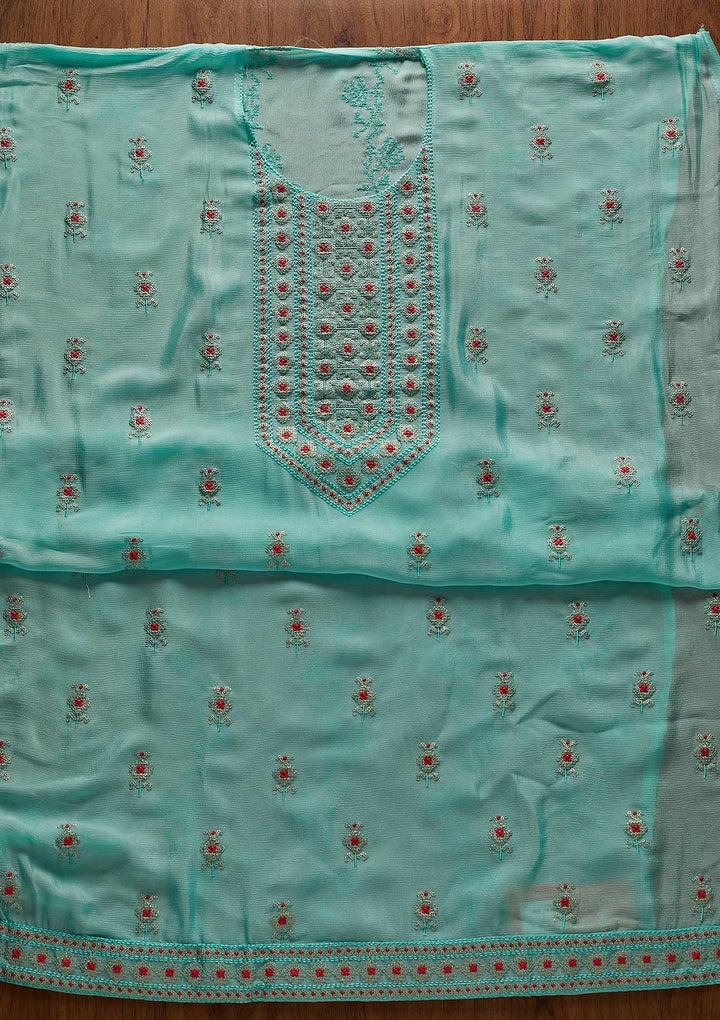 Sea Green Threadwork Georgette Designer Unstitched Salwar Suit - koskii