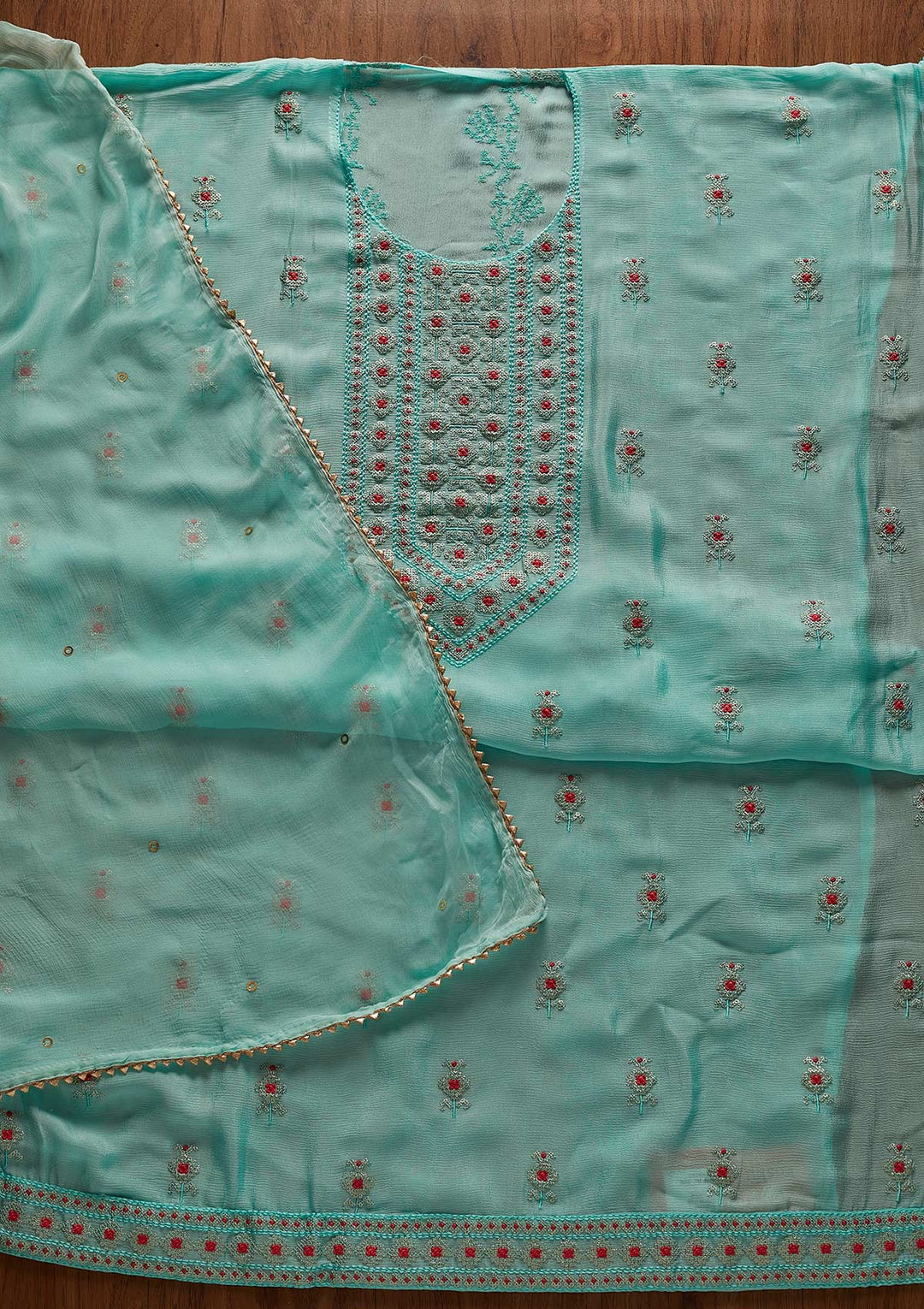Sea Green Threadwork Georgette Designer Unstitched Salwar Suit - koskii