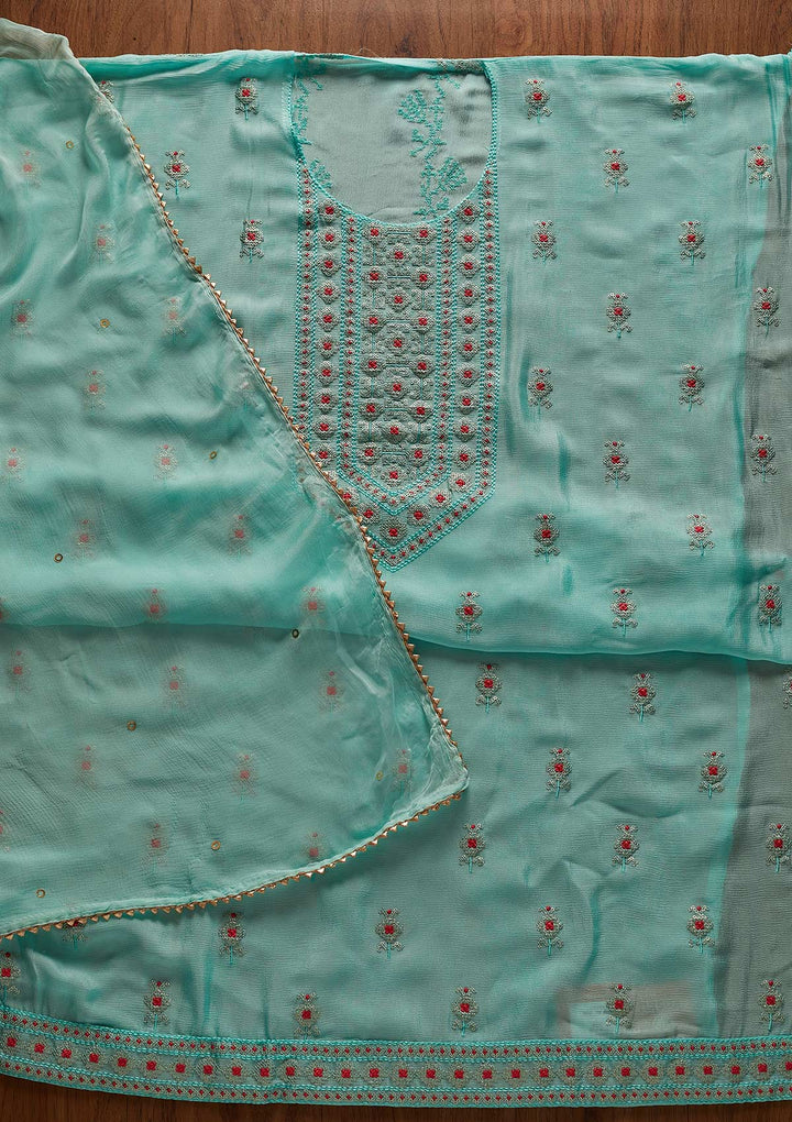 Sea Green Threadwork Georgette Designer Unstitched Salwar Suit - koskii