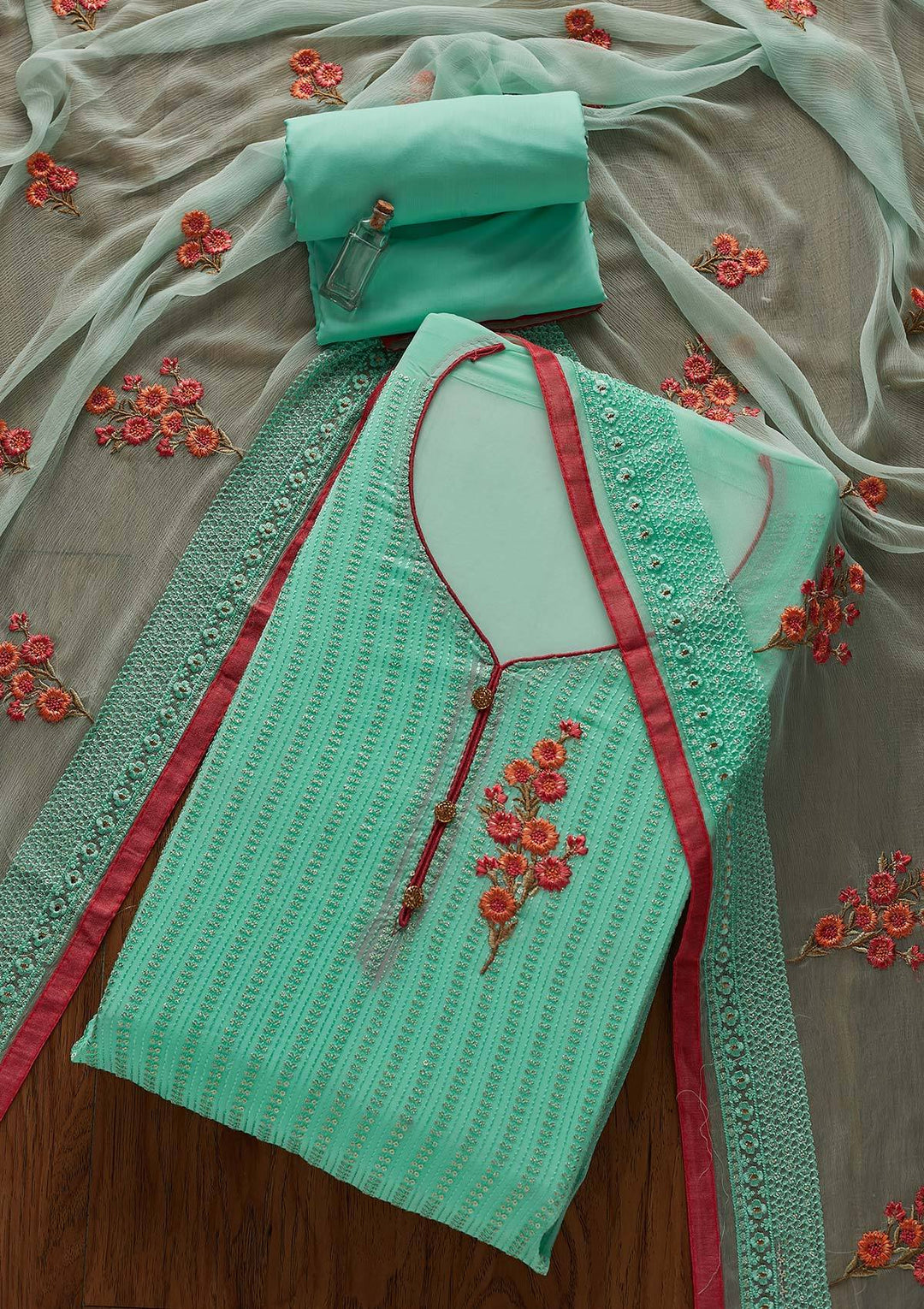 Sea Green Threadwork Georgette Designer Unstitched Salwar Suit - Koskii