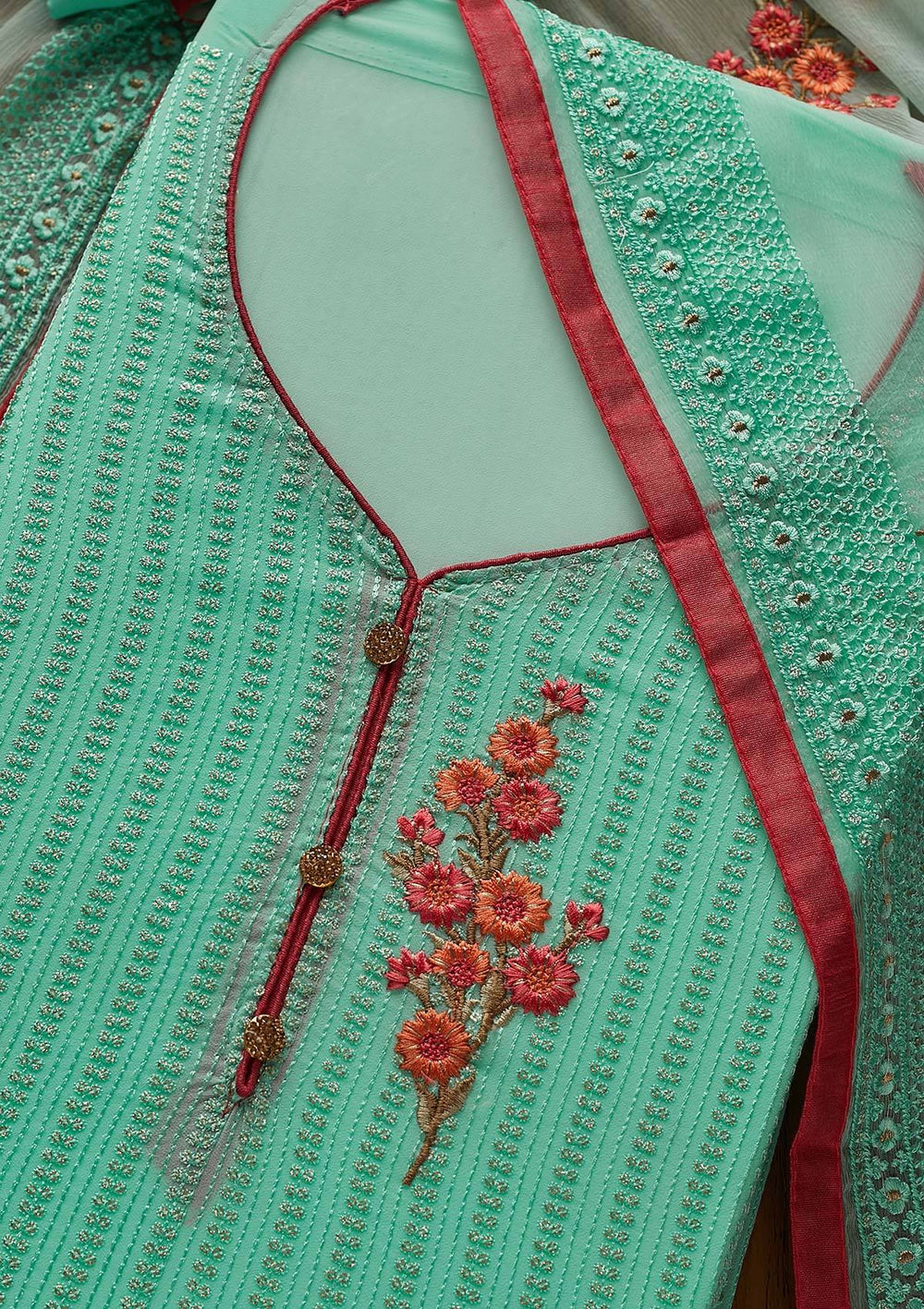 Sea Green Threadwork Georgette Designer Unstitched Salwar Suit - Koskii