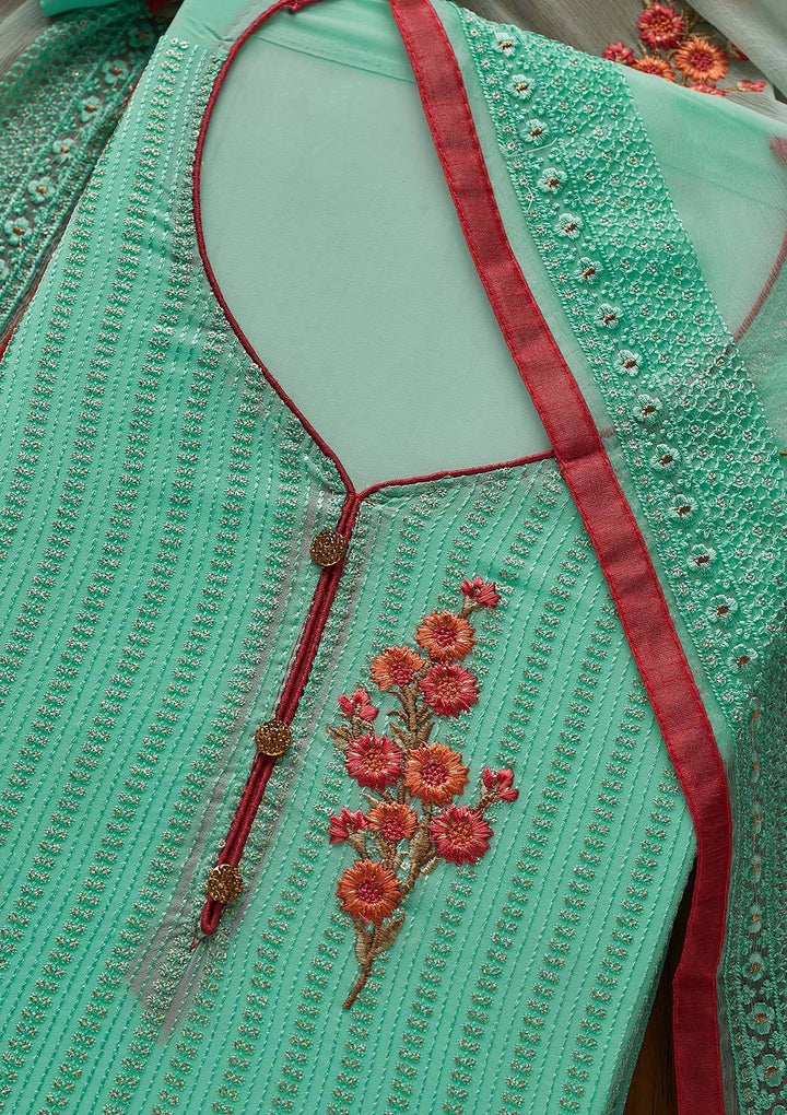 Sea Green Threadwork Georgette Designer Unstitched Salwar Suit - Koskii