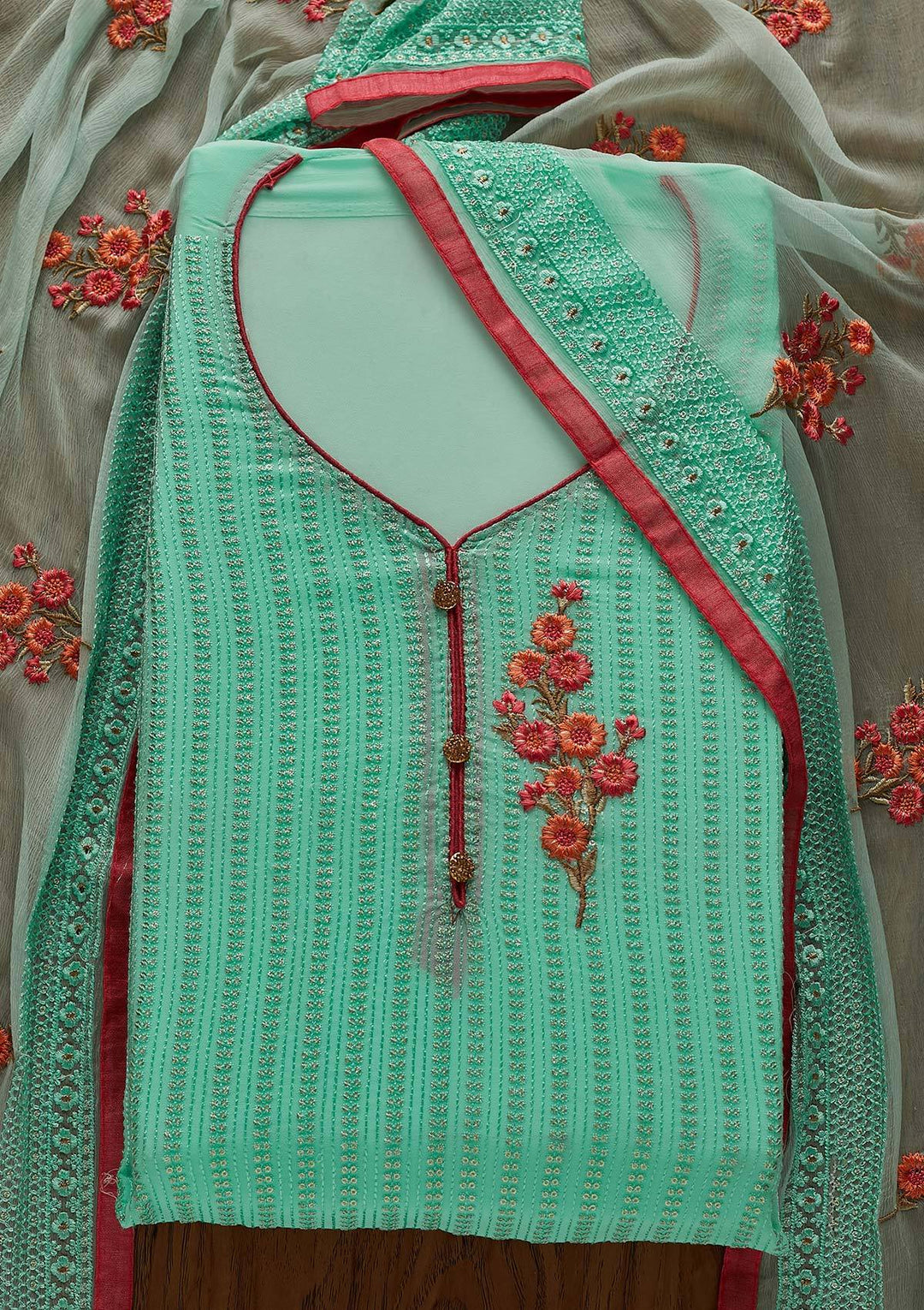 Sea Green Threadwork Georgette Designer Unstitched Salwar Suit - Koskii
