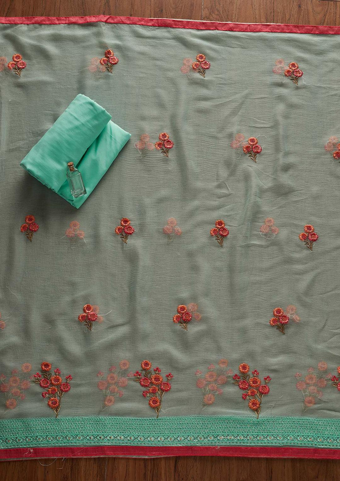 Sea Green Threadwork Georgette Designer Unstitched Salwar Suit - Koskii