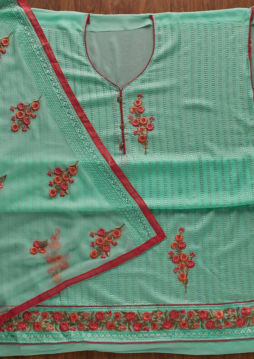 Sea Green Threadwork Georgette Designer Unstitched Salwar Suit - Koskii