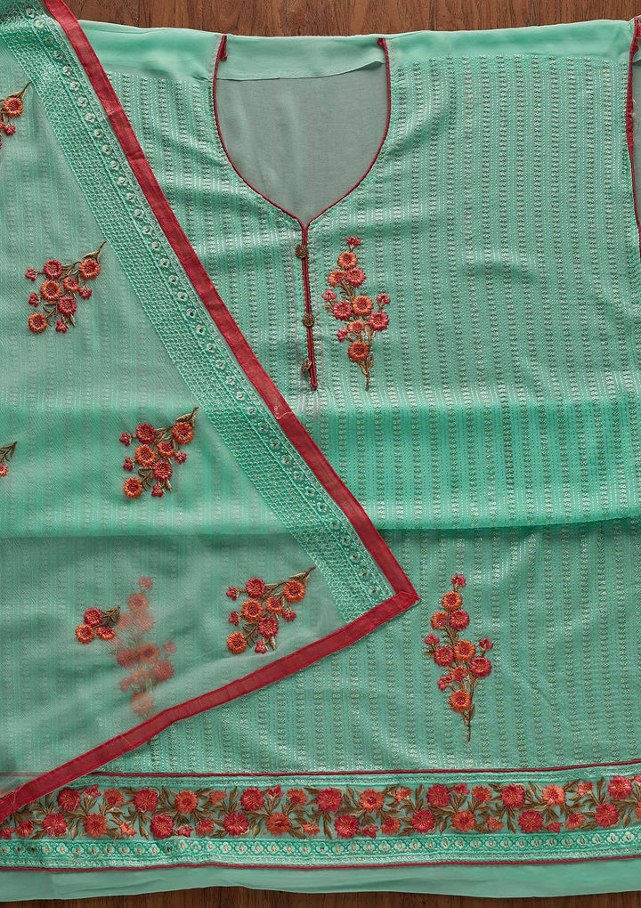 Sea Green Threadwork Georgette Designer Unstitched Salwar Suit - Koskii
