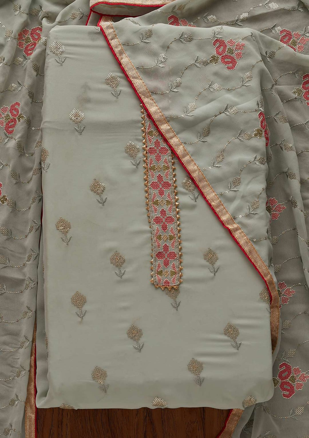 Sea Green Threadwork Georgette Designer Semi-Stitched Salwar Suit - Koskii