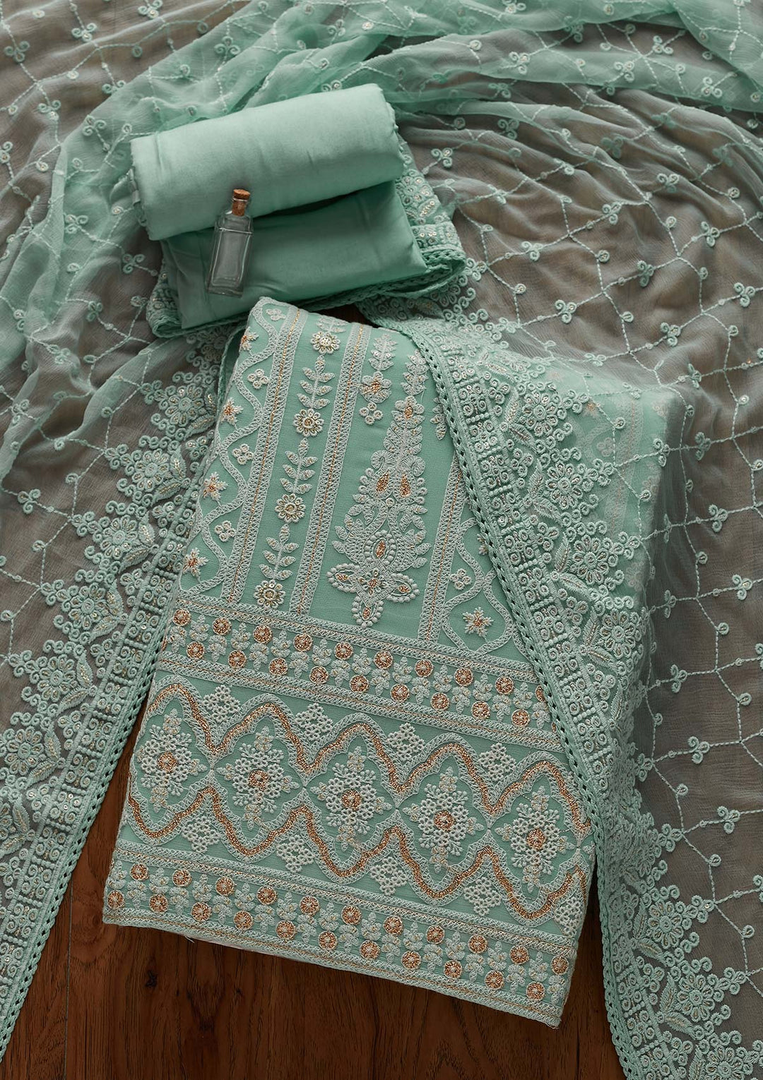 Sea Green Threadwork Georgette Designer Unstitched Salwar Suit - Koskii
