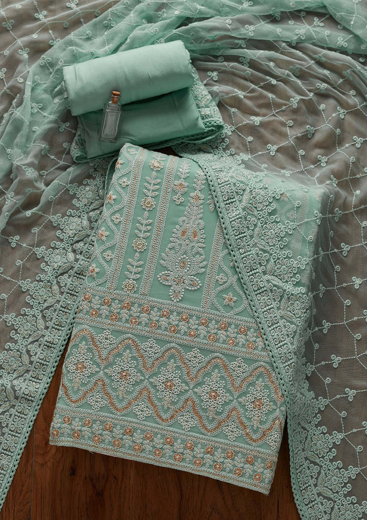 Sea Green Threadwork Georgette Designer Unstitched Salwar Suit - Koskii