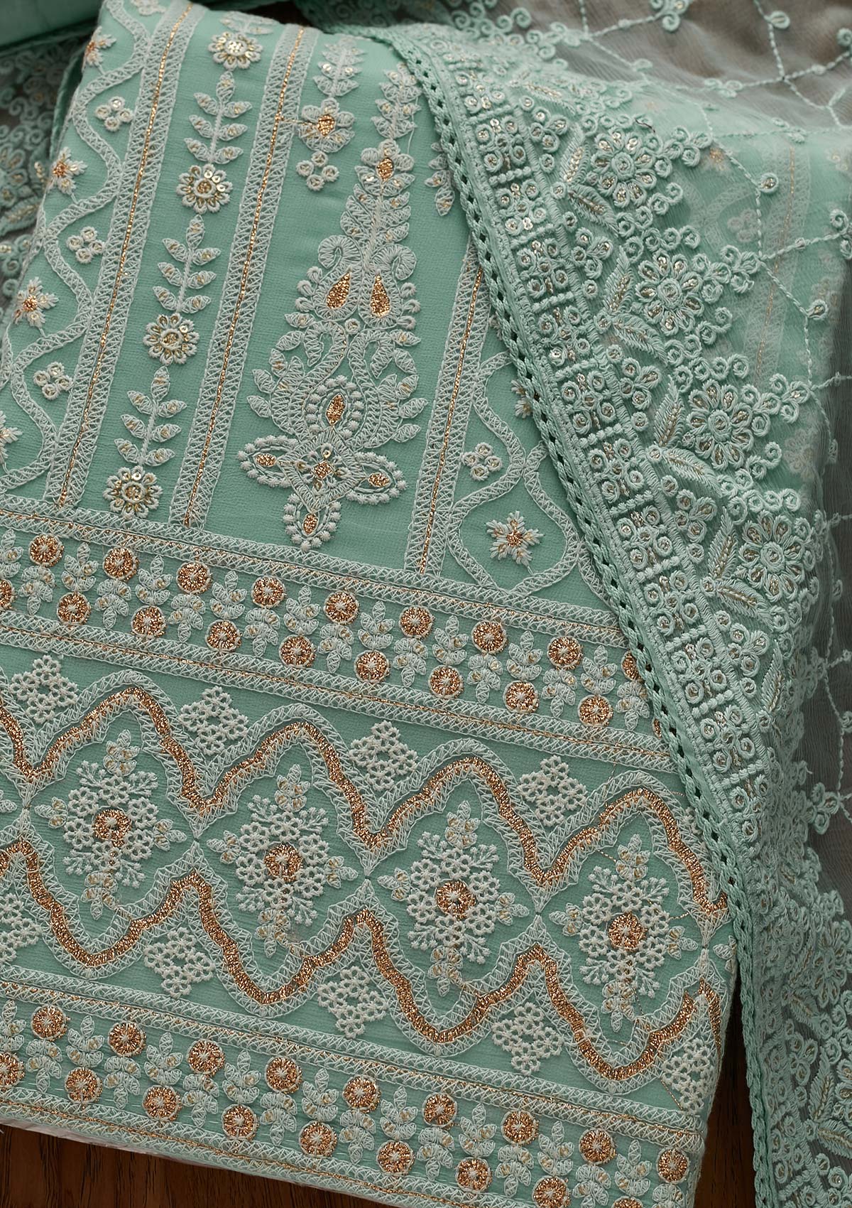 Sea Green Threadwork Georgette Designer Unstitched Salwar Suit - Koskii