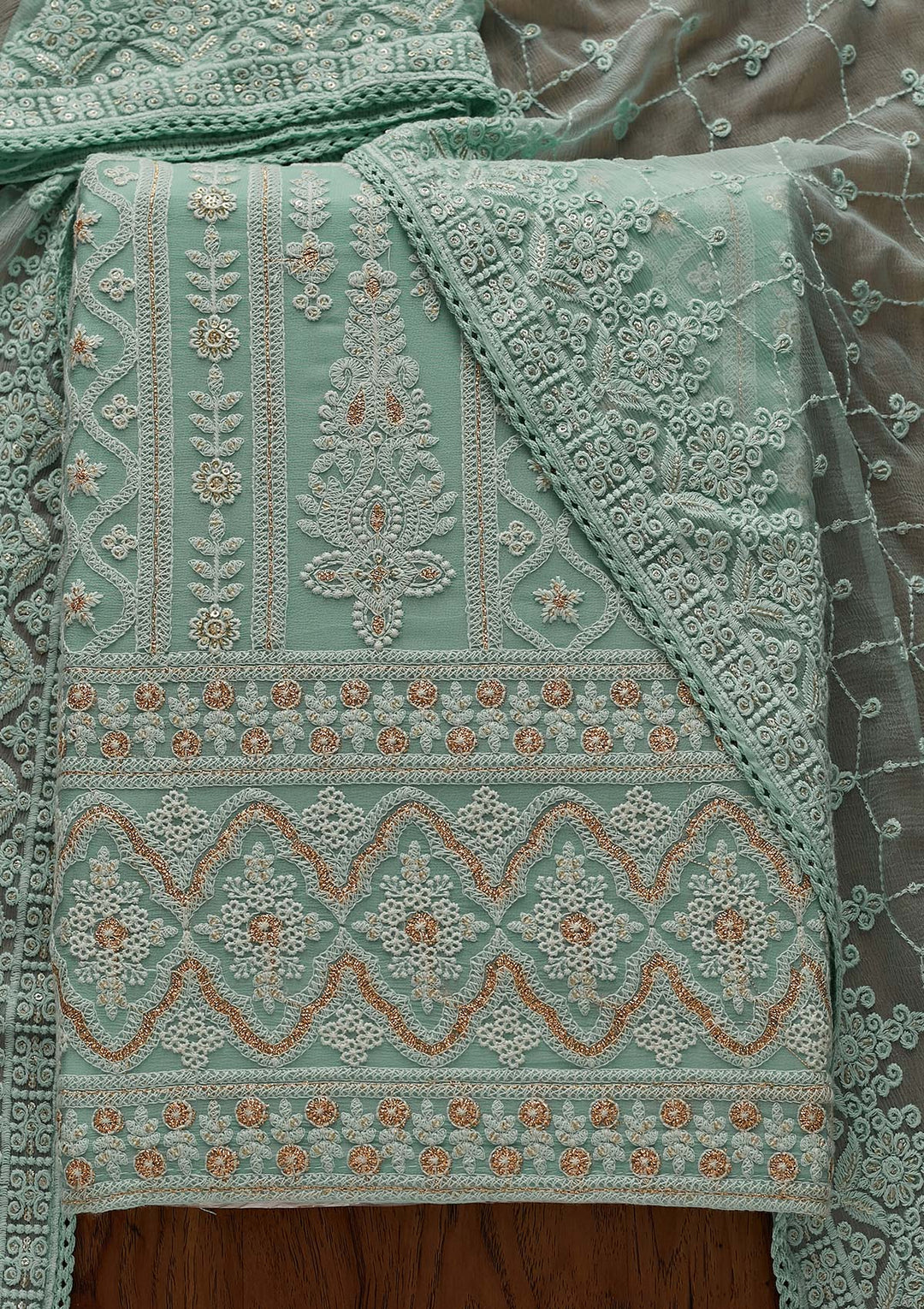 Sea Green Threadwork Georgette Designer Unstitched Salwar Suit - Koskii