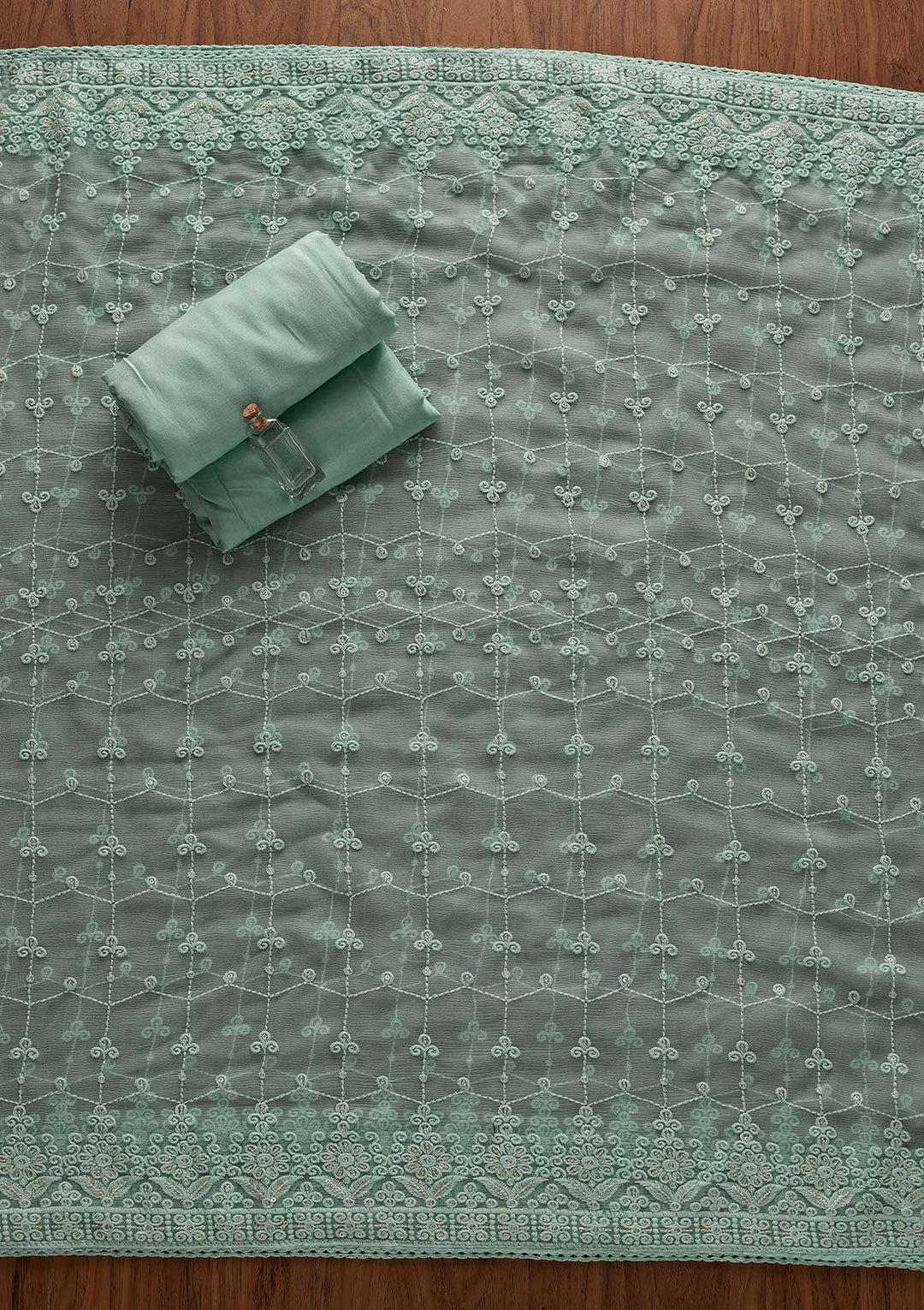Sea Green Threadwork Georgette Designer Unstitched Salwar Suit - Koskii