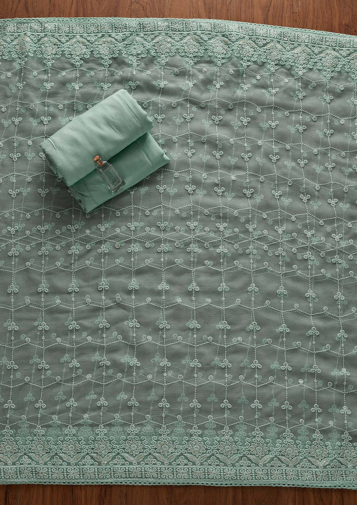 Sea Green Threadwork Georgette Designer Unstitched Salwar Suit - Koskii