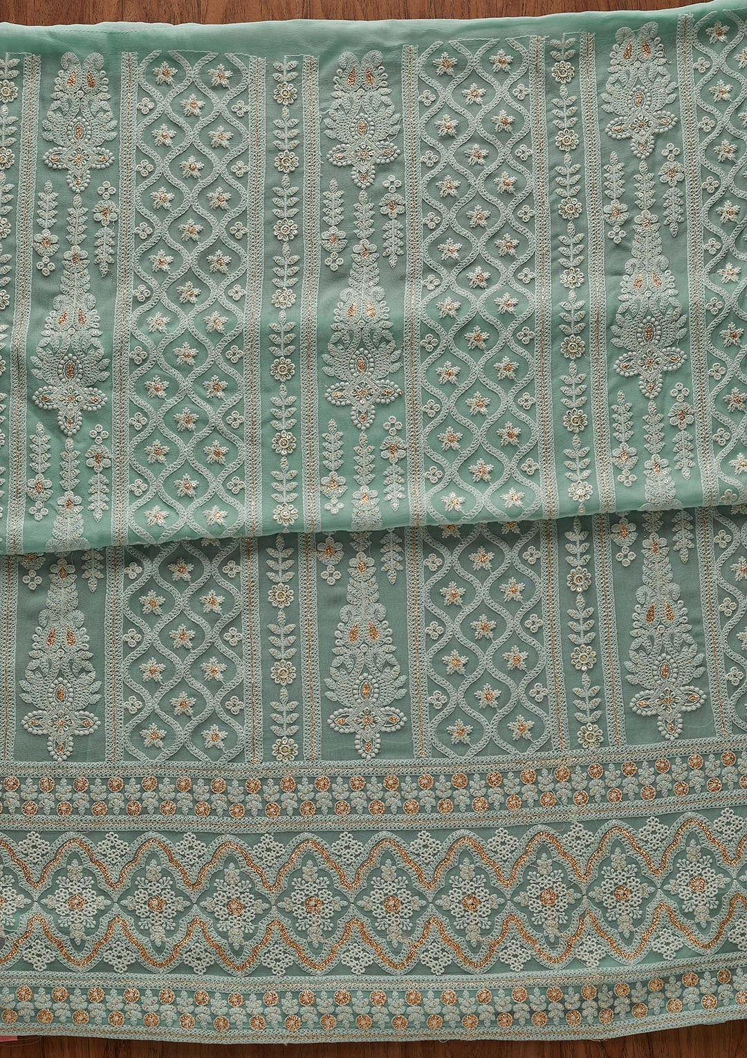 Sea Green Threadwork Georgette Designer Unstitched Salwar Suit - Koskii