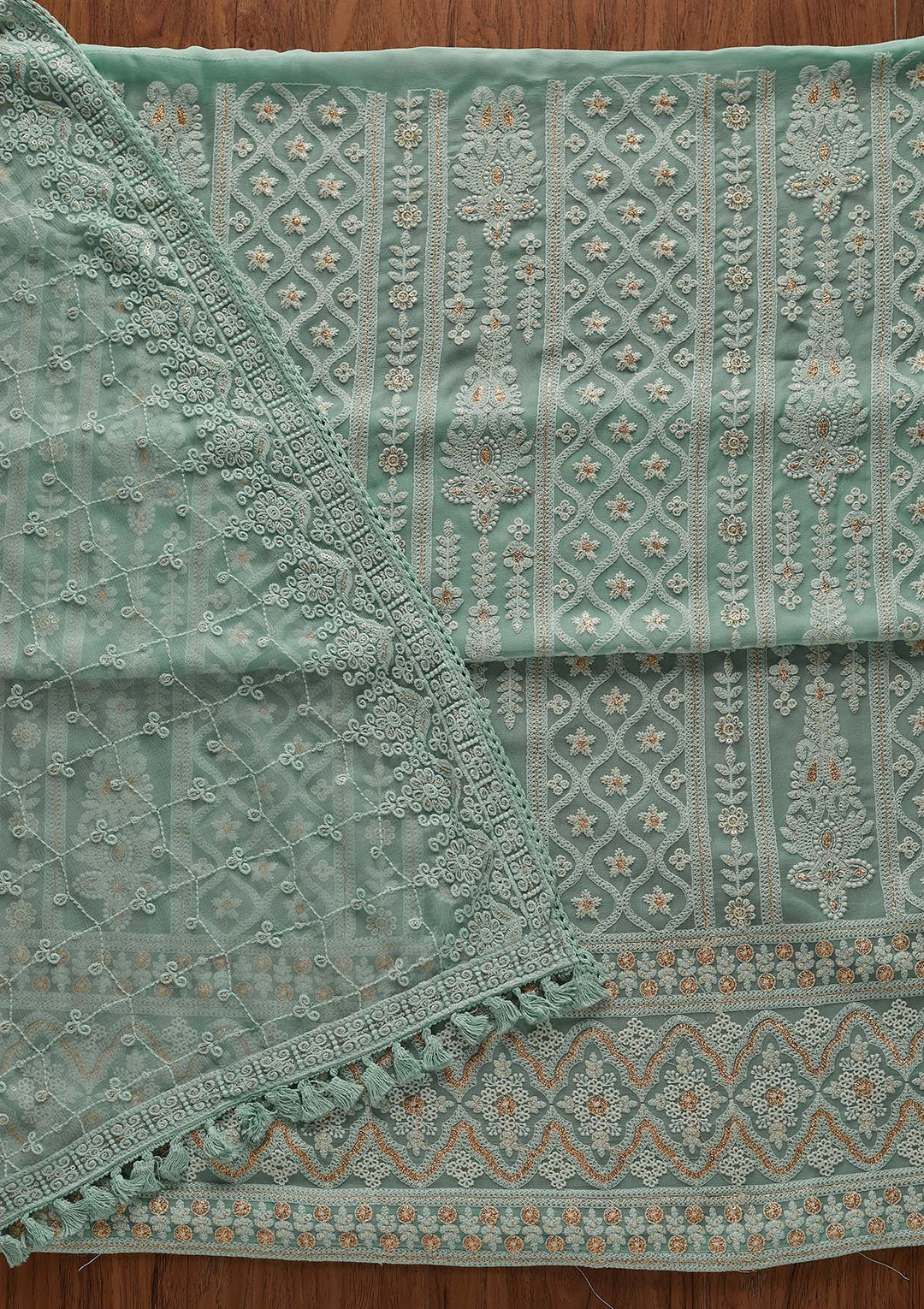 Sea Green Threadwork Georgette Designer Unstitched Salwar Suit - Koskii