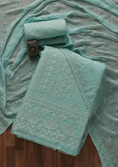 Sea Green Threadwork Georgette Designer Unstitched Salwar Suit - Koskii
