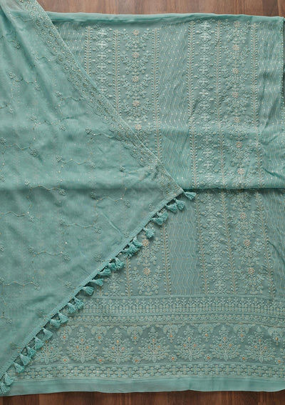 Sea Green Threadwork Georgette Designer Unstitched Salwar Suit - Koskii