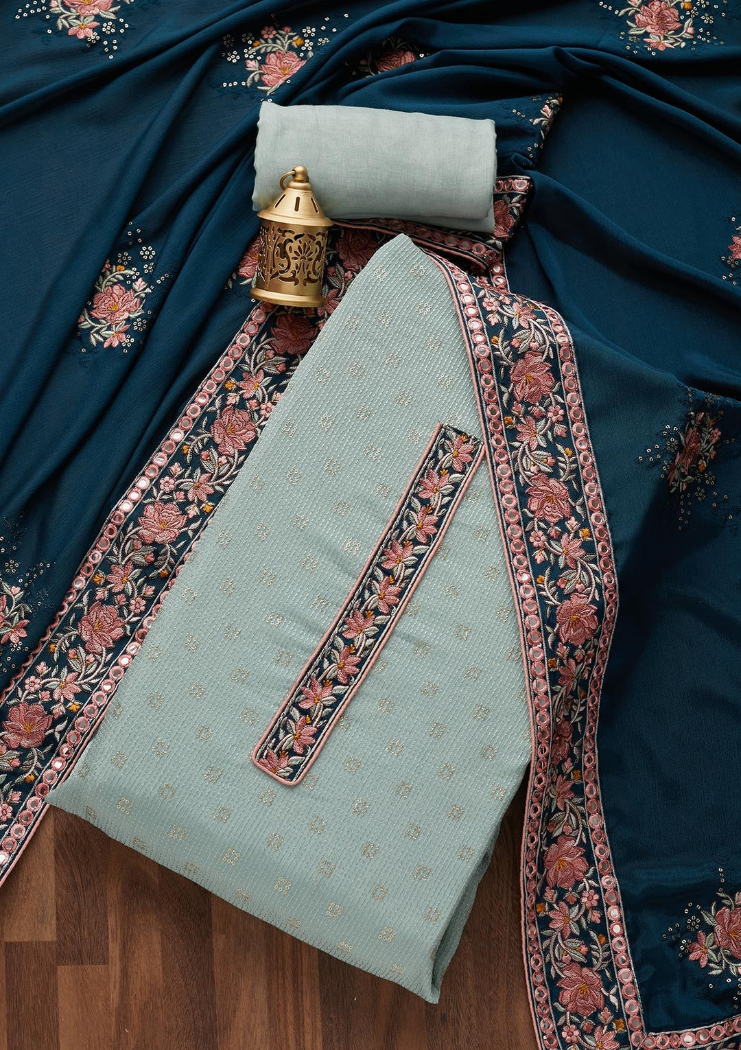 Sea Green Threadwork Georgette Unstitched Salwar Suit - Koskii