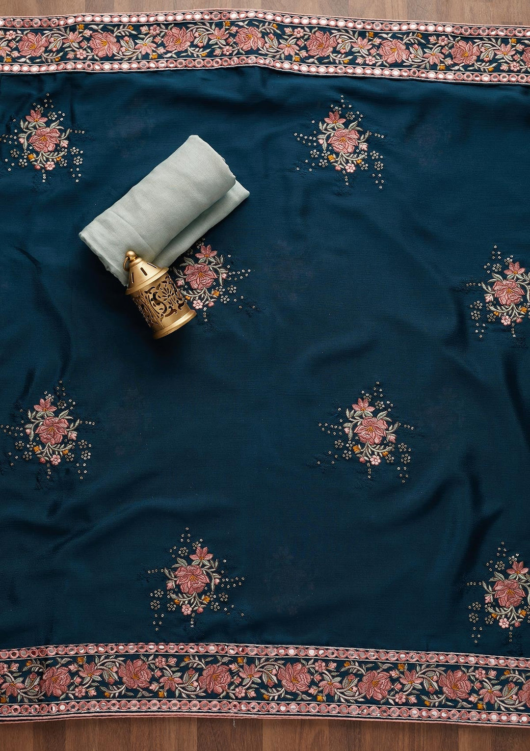 Sea Green Threadwork Georgette Unstitched Salwar Suit - Koskii