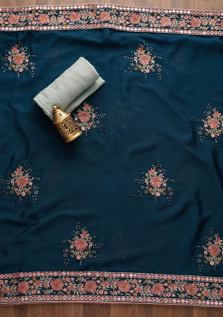 Sea Green Threadwork Georgette Unstitched Salwar Suit - Koskii