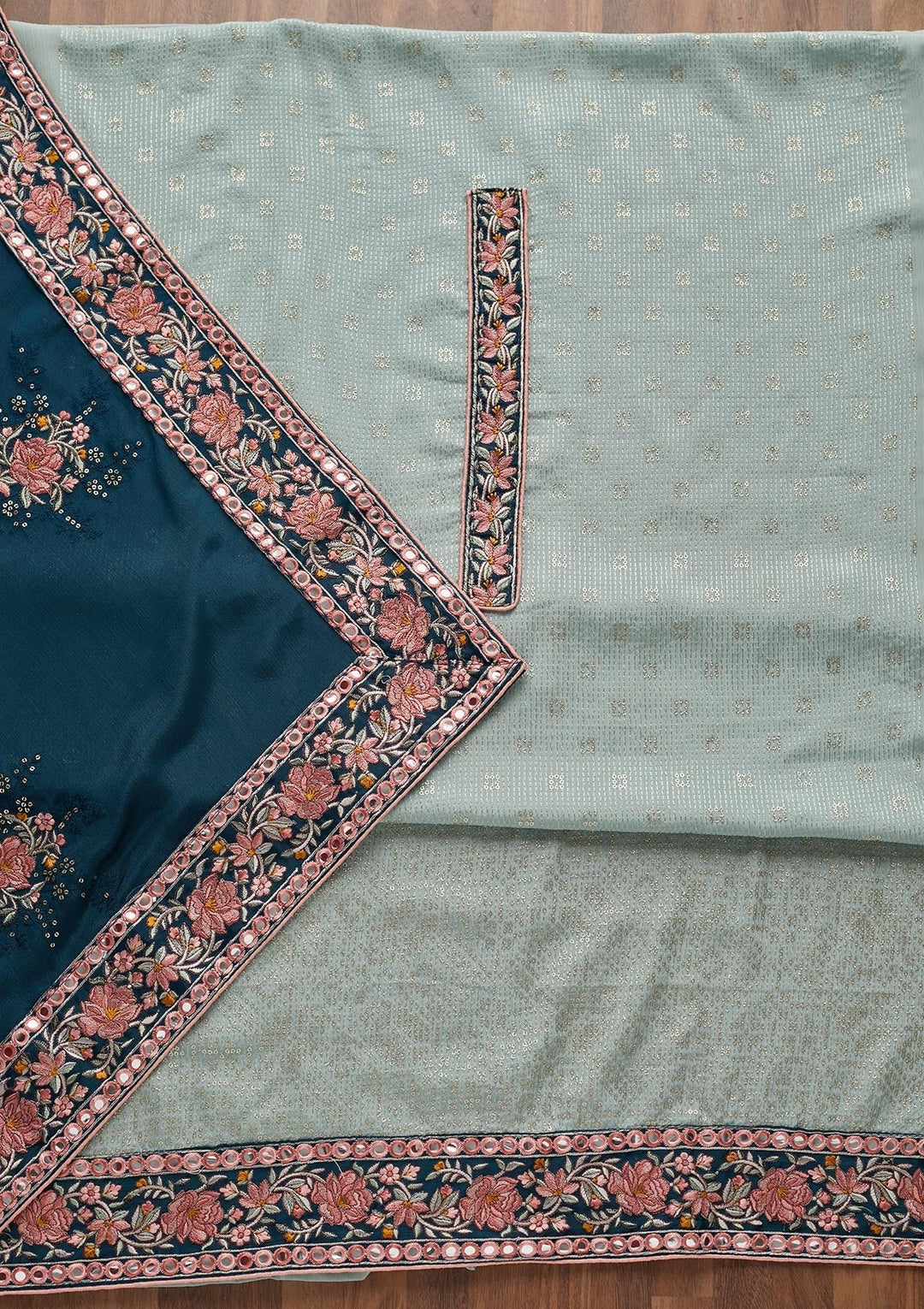 Sea Green Threadwork Georgette Unstitched Salwar Suit - Koskii