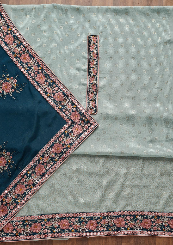 Sea Green Threadwork Georgette Unstitched Salwar Suit - Koskii