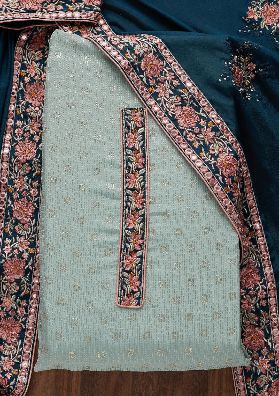 Sea Green Threadwork Georgette Unstitched Salwar Suit - Koskii