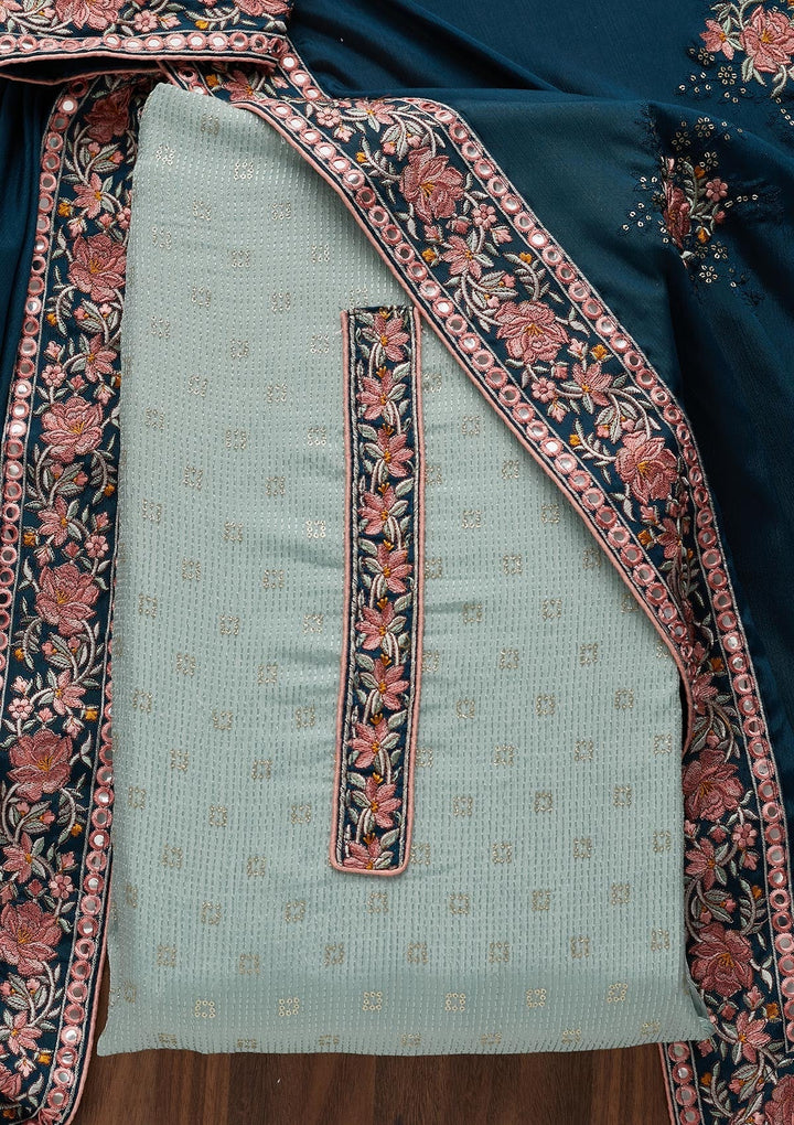 Sea Green Threadwork Georgette Unstitched Salwar Suit - Koskii