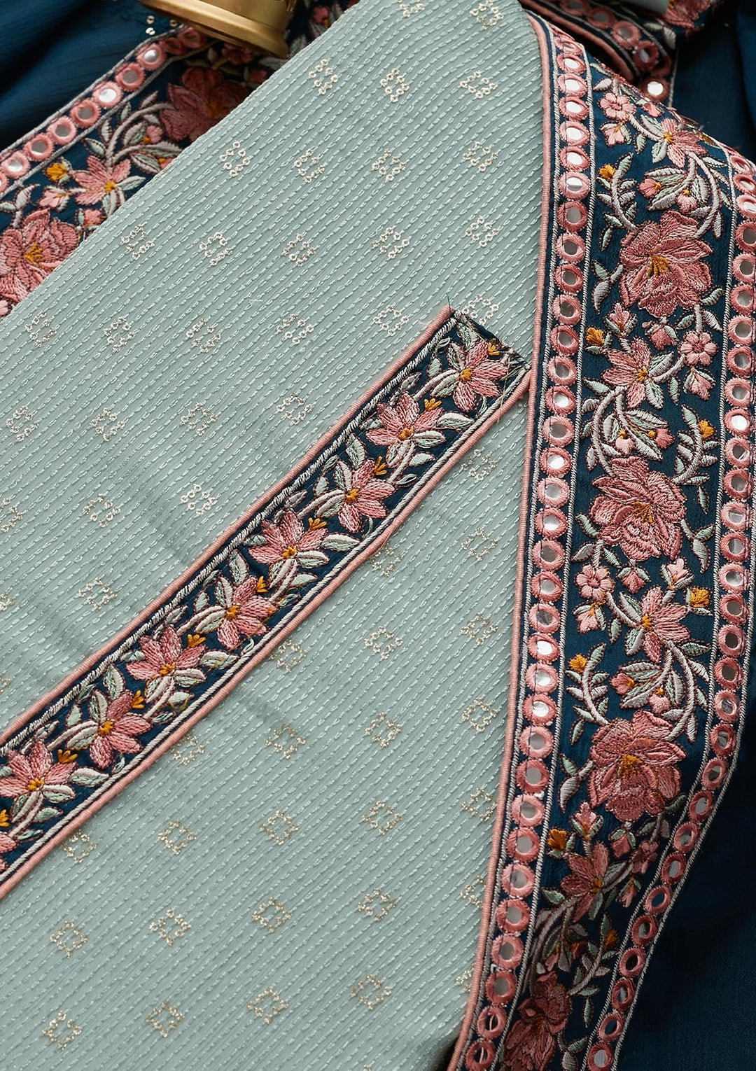 Sea Green Threadwork Georgette Unstitched Salwar Suit - Koskii